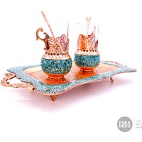 Türkis-Intarsien Auf Kupfer | Firoozeh-Koobi Tablett Mit 2 Stück Teetassen von FOKADEKO