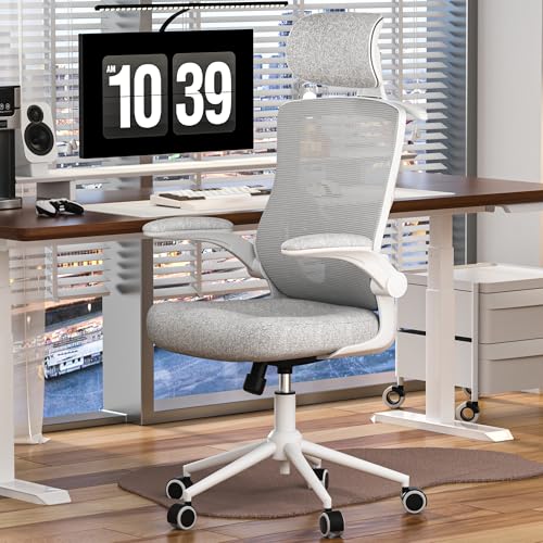 FOKESUN Ergonomischer Bürostuhl, hohe Rückenlehne, Netz-Schreibtischstuhl mit geformtem Schaumstoffkissen, verstellbare Kopfstütze, Lendenwirbelstütze, Verriegelungsfunktion (weißer Rahmen, grau) von FOKESUN