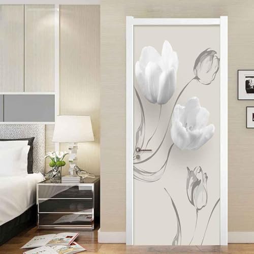 3D Türaufkleber Für Innentüren Weihnachten, Mode Weiße Blumen Fototapete Selbstklebende Wandbilder Tür Aufkleber Tür Wandmalereien Tür Tapete Für Schlafzimmer Badezimmer 77X200Cm von FOKH