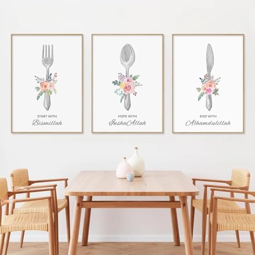 FOKTMS Islamischer Start mit Bismillah, Messer, Gabel, Löffel, Poster, Aquarell, Leinwandgemälde, Wandkunst, Druck, Bild, Zimmer, Heimdekoration, 40 x 60 cm, 3 Stück, ohne Rahmen FOKTMS Islamischer Start mit Bismillah, Messer, Gabel, Löffel, Poster, Aquarell, Leinwandgemälde, Wandkunst, Druck, Bild, Zimmer, Heimdekoration, 40 x 60 cm, 3 Stück, ohne Rahmen von FOKTMS