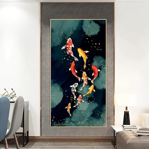 FOKTMS Leinwandbild, abstrakte Koi-Fische, die im Lotus schwimmen, Poster, Wandkunst, gedruckte Bilder für Wohnzimmer, Heimdekoration, 40 x 80 cm, rahmenlos von FOKTMS