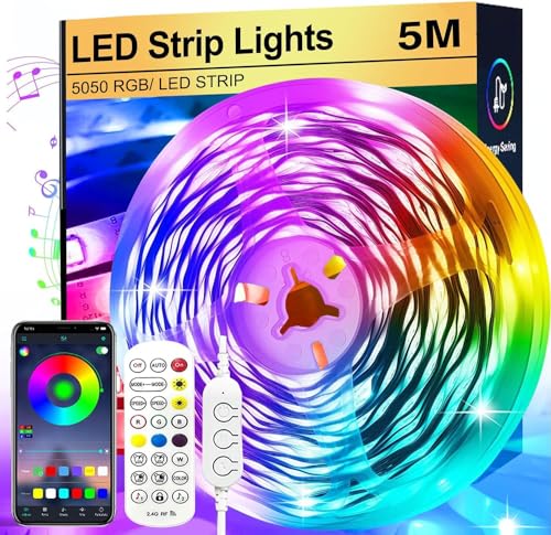 FOLAI LED-Streifen, 5 m, gesteuert durch Bluetooth-App oder Fernbedienung, Synchronisierung mit Musikrhythmus, RGB-LED-Streifen für Haus, Dekoration von FOLAI
