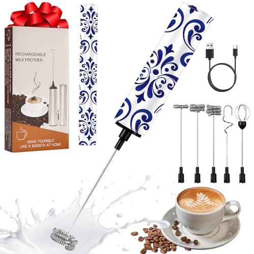 Milchschäumer Elektrisch USB-C mit 5 Wechselbaren Edelstahl-Schneebesen–2 Einstellbare Geschwindigkeiten (11.000/13.000 U/min), Wasserdichter Aufschäumer für Kaffee, Latte, Cappuccino, Matcha(Bunt 14) von FOLAI