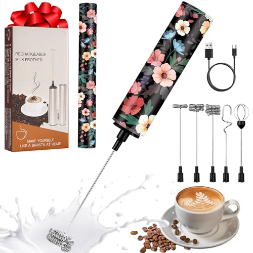 Milchschäumer Elektrisch USB-C mit 5 Wechselbaren Edelstahl-Schneebesen–2 Einstellbare Geschwindigkeiten (11.000/13.000 U/min), Wasserdichter Aufschäumer für Kaffee, Latte, Cappuccino, Matcha(Bunt 2) von FOLAI