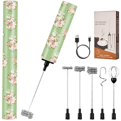 Milchschäumer Elektrisch USB-C mit 5 Wechselbaren Edelstahl-Schneebesen–2 Einstellbare Geschwindigkeiten (11.000/13.000 U/min), Wasserdichter Aufschäumer für Kaffee, Latte, Cappuccino, Matcha(Bunt 9) von FOLAI