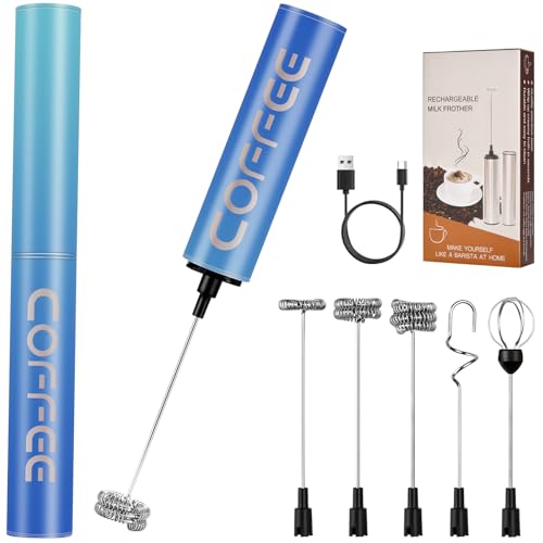 Milchschäumer Elektrisch USB-C mit 5 Wechselbaren Edelstahl-Schneebesen–2 Einstellbare Geschwindigkeiten (11.000/13.000 U/min), Wasserdichter Aufschäumer für Kaffee, Latte, Cappuccino, Matcha(Bunt 11) von FOLAI