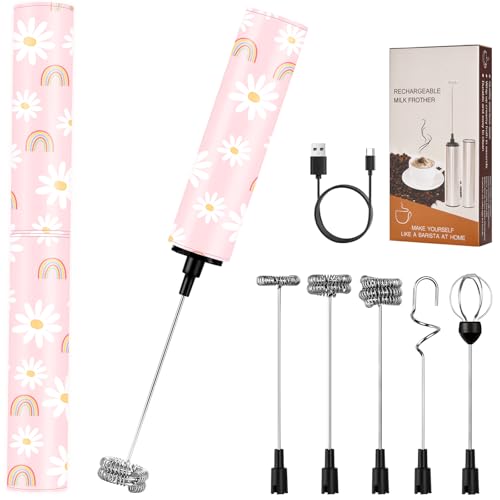 Milchschäumer Elektrisch USB-C mit 5 Wechselbaren Edelstahl-Schneebesen–2 Einstellbare Geschwindigkeiten (11.000/13.000 U/min), Wasserdichter Aufschäumer für Kaffee, Latte, Cappuccino, Matcha(Bunt 1) von FOLAI