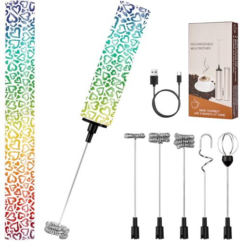Milchschäumer Elektrisch USB-C mit 5 Wechselbaren Edelstahl-Schneebesen–2 Einstellbare Geschwindigkeiten (11.000/13.000 U/min), Wasserdichter Aufschäumer für Kaffee, Latte, Cappuccino, Matcha(Bunt 5) von FOLAI