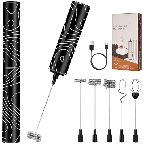 Milchschäumer Elektrisch USB-C mit 5 Wechselbaren Edelstahl-Schneebesen–2 Einstellbare Geschwindigkeiten (11.000/13.000 U/min), Wasserdichter Aufschäumer für Kaffee, Latte, Cappuccino, Matcha(Bunt 18) von FOLAI
