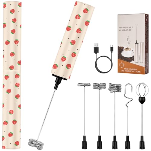 Milchschäumer Elektrisch USB-C mit 5 Wechselbaren Edelstahl-Schneebesen–2 Einstellbare Geschwindigkeiten (11.000/13.000 U/min), Wasserdichter Aufschäumer für Kaffee, Latte, Cappuccino, Matcha(Bunt 6) von FOLAI