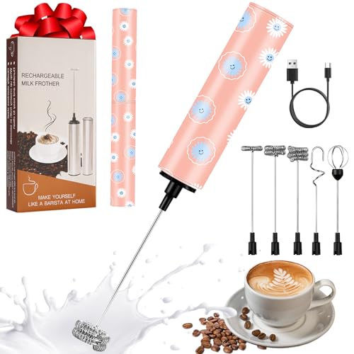 Milchschäumer Elektrisch USB-C mit 5 Wechselbaren Edelstahl-Schneebesen–2 Einstellbare Geschwindigkeiten (11.000/13.000 U/min), Wasserdichter Aufschäumer für Kaffee, Latte, Cappuccino, Matcha(Bunt 8) von FOLAI