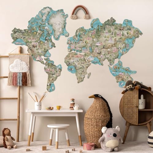 FOLDZILLA 3D Weltkarte 139x213 cm Wanddeko für Kinder- und Wohnzimmer Wandkunst aus Pappe zum Bemalen und Pinnen Reisekarte aus Pappe Tiere Aquarell von FOLDZILLA