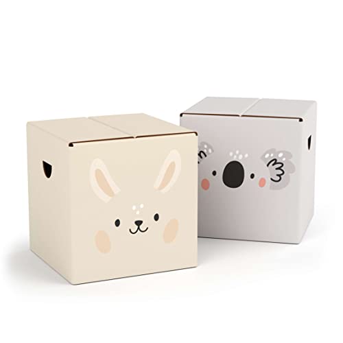 FOLDZILLA Kinderhocker Pappe 2er Set 29 x 29 x 29 cm – Papphocker Sitzhocker Falthocker Sitzwürfel Hocker Kinderzimmer – Niedlicher Hase & Koala von FOLDZILLA