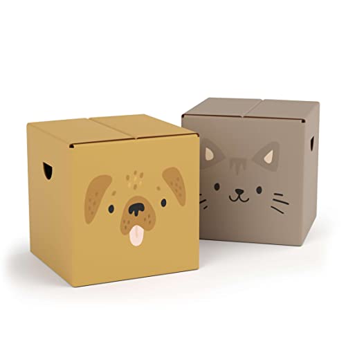 FOLDZILLA Kinderhocker Pappe 2er Set 29 x 29 x 29 cm – Papphocker Sitzhocker Falthocker Sitzwürfel Hocker Kinderzimmer – Niedlicher Hund & Katze von FOLDZILLA