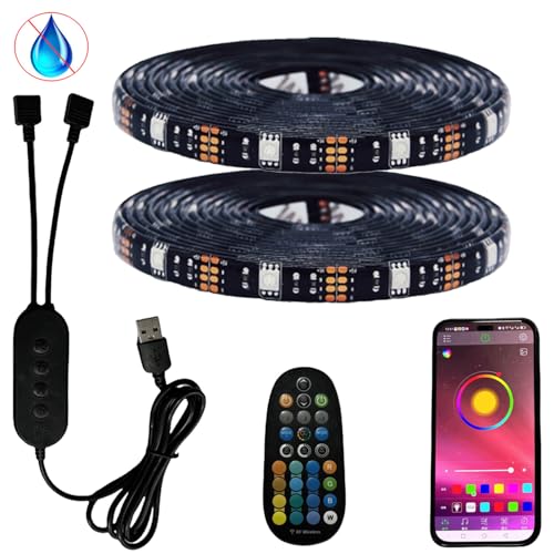 FOLGEMIR 1 Meter (2x 0,5M) RGB LED Streifen dimmbar, Bluetooth/APP kontrollierte TV USB Hintergrundbeleuchtung mit RF Fernbedienung, 5050 RGB Strip für HDTV TV Beleuchtung, wasserdicht IP20 von FOLGEMIR
