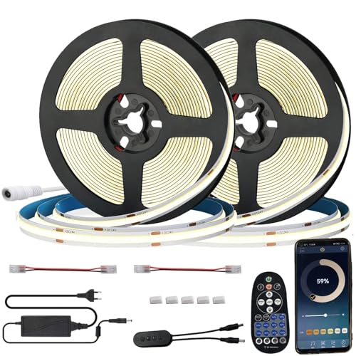 FOLGEMIR Bluetooth 10m (2x 5m) COB LED Streifen Warmweiß 3000K, Dimmbar 8mm LED Strip mit 24V Netzteil & RF Fernbedienung, Gleichmäßige Beleuchtung, APP, Timer, Musik, selbstklebend, flexibel, IP20 von FOLGEMIR