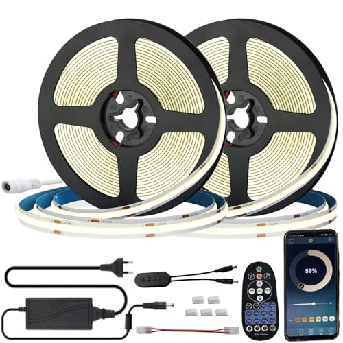 FOLGEMIR 10m (2x 5m) COB LED Streifen Warmweiß 3000K, Dimmbar 8mm Strip, Bluetooth APP kontrolliert, selbstklebend, Flexibel Lichtleiste mit 12V Netzteil & RF Fernbedienung von FOLGEMIR