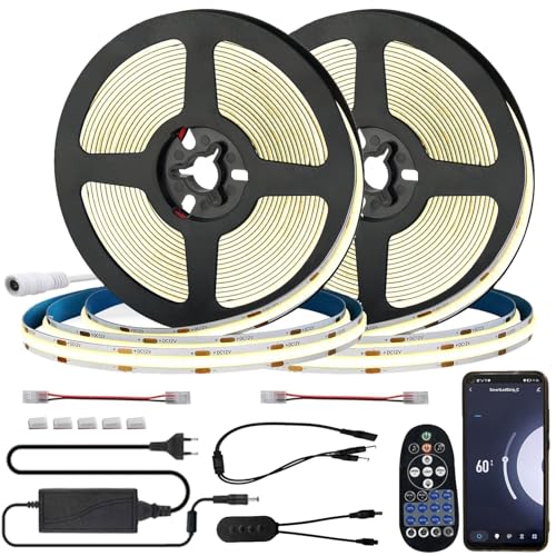 FOLGEMIR 10m (2x 5m) COB LED Streifen Warmweiß 3000K, WIFI kontrolliert LED Strip mit 12V Netzteil & IR Fernbedienung, dimmbar, selbstklebend, Timer, Musik, kompatibel mit Tuya APP von FOLGEMIR