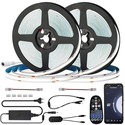 FOLGEMIR 10m (2x 5m) COB LED Streifen Kalt Weiß 6000K, WIFI kontrolliert LED Strip mit 12V Netzteil & IR Fernbedienung, dimmbar, selbstklebend, Timer, Musik, kompatibel mit Tuya APP von FOLGEMIR