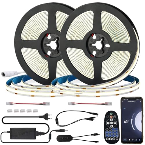 FOLGEMIR 10m (2x 5m) COB LED Streifen Neutralweiß 4000K, WIFI kontrolliert LED Strip mit 12V Netzteil & IR Fernbedienung, dimmbar, selbstklebend, Timer, Musik, kompatibel mit Tuya APP von FOLGEMIR