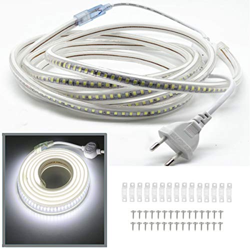 FOLGEMIR 10m Kalt Weiß LED Band, 2835 SMD 144 Leds/m Lichtleiste, 220V 230V Strip, sehr helle Beleuchtung - ca. 900 LM pro Meter, IP65 wasserdicht von FOLGEMIR