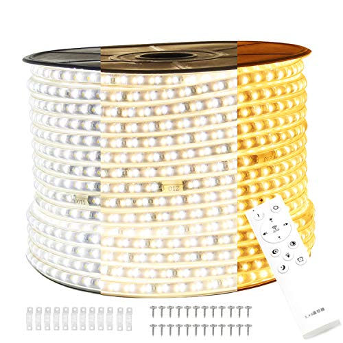 FOLGEMIR 12m 230V dimmbar LED Band ohne Flackern, Farbwechsel von Warmweiß/Kalt Weiß/Neutral Weiß, LED Strip mit 2.4G Wireless Fernbedienung, 120 Leds/m, Wasserdicht IP65 von FOLGEMIR