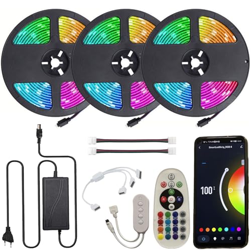 FOLGEMIR 15m (3x 5m) RGB LED Streifen dimmbar, WIFI kontrolliert LED Strip mit IR Fernbedienung + 12V Netzteil, 5050 SMD 450 (3x 150) LEDs, selbstklebend, IP20, Kompatibel mit APP Tuya von FOLGEMIR