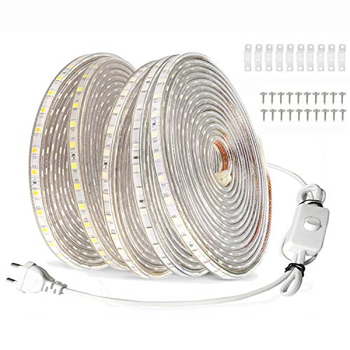FOLGEMIR 15m LED Band mit Schalter - Warmweiß, 220V 230V Beleuchtung, 60 Leds/m Strip, IP65 wasserdicht Lichtschlauch (Warmweiß, 15m) von FOLGEMIR
