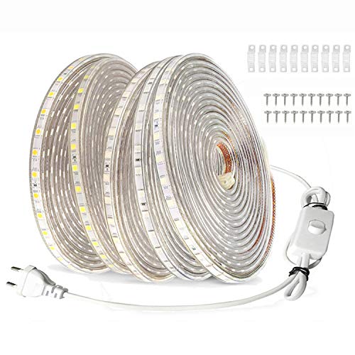 FOLGEMIR 15m LED Band mit Schalter - Kalt Weiß, 220V 230V Beleuchtung, 60 Leds/m, IP65 wasserdicht Lichtschlauch (Kalt Weiß, 15m) von FOLGEMIR