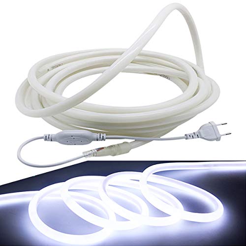 FOLGEMIR 15m Neon Seil Strip Rund, 360° Lumineszenz Kalt Weiß, LED flexibler Streifen ohne Lichtpunkte, 230V helle 2835 LED Band, IP65 wasserdicht für Garten Party Hochzeit Deko von FOLGEMIR