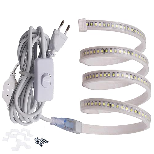 FOLGEMIR 1m Kalt Weiß LED Band mit Schalter, 2835 SMD 144 Leds/m Lichtleiste, 220V 230V Strip, sehr helle Beleuchtung – ca. 900 LM pro Meter, IP65 wasserdicht von FOLGEMIR