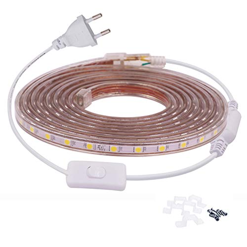 FOLGEMIR 1m Warmweiß LED Band mit Schalter, 220V 230V Lichtleiste, 60 Leds/m Strip, IP65 Lichtschlauch, milde Hintergrundbeleuchtung von FOLGEMIR