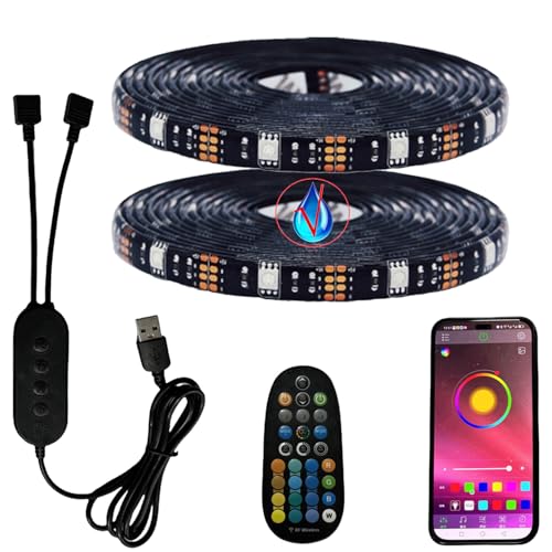 FOLGEMIR 2 Meter (2x 1M) RGB LED Streifen dimmbar, Bluetooth/APP kontrollierte TV USB Hintergrundbeleuchtung mit RF Fernbedienung, 5050 RGB Strip für HDTV TV Beleuchtung, wasserdicht IP65 von FOLGEMIR