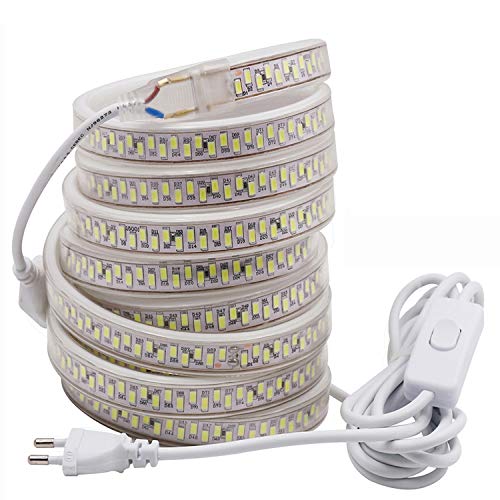 FOLGEMIR 20m LED Band mit Schalter – Warmweiß, 5630 SMD 180 Leds/m Streifen, 230V helle Beleuchtung, IP65 wasserdicht (20m) von FOLGEMIR