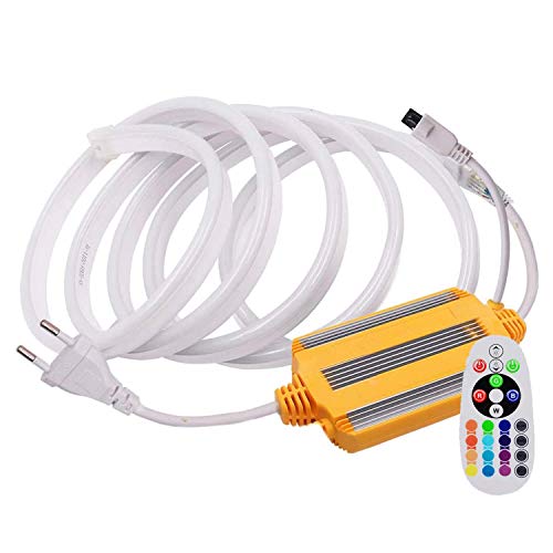 FOLGEMIR 20m Neon Seil Strip, dimmbar RGB Farbwechsel flexibler LED Streifen, 5050 SMD Lichtleiste, 220V LED Band, IP65 wasserdichte Lichtschlauch mit Trafo & 24-Tasten IR Fernbedienung von FOLGEMIR