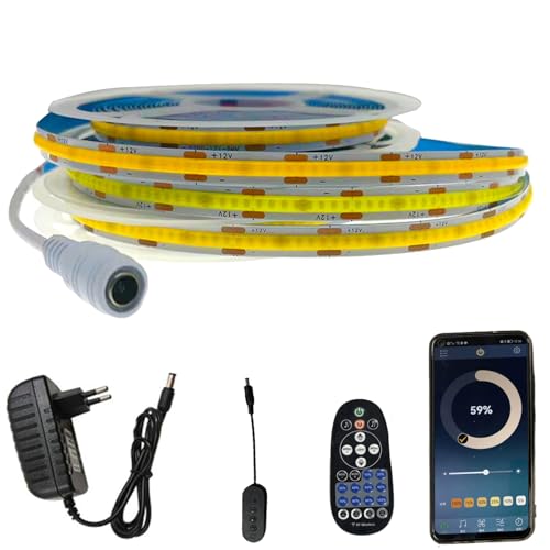 FOLGEMIR 2m COB LED Streifen Kalt Weiß 6000K, Dimmbar 8mm Strip, Bluetooth APP kontrolliert, selbstklebend, Flexibel Lichtleiste mit 12V Netzteil & RF Fernbedienung von FOLGEMIR
