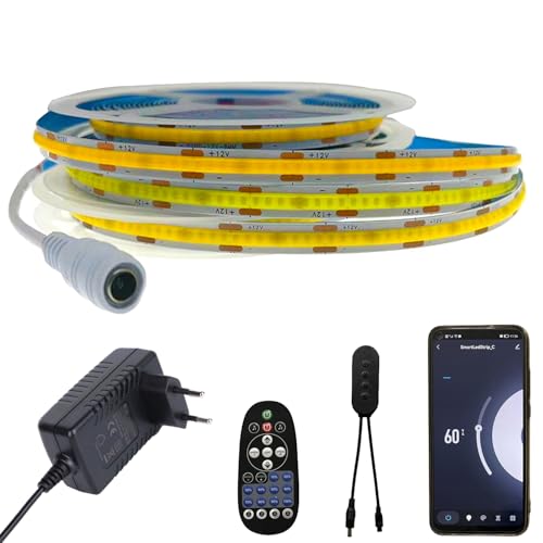 FOLGEMIR 2m COB LED Streifen Warmweiß 3000K, WIFI kontrolliert LED Strip mit 12V Netzteil & IR Fernbedienung, dimmbar, selbstklebend, Timer, Musik, kompatibel mit Tuya APP von FOLGEMIR