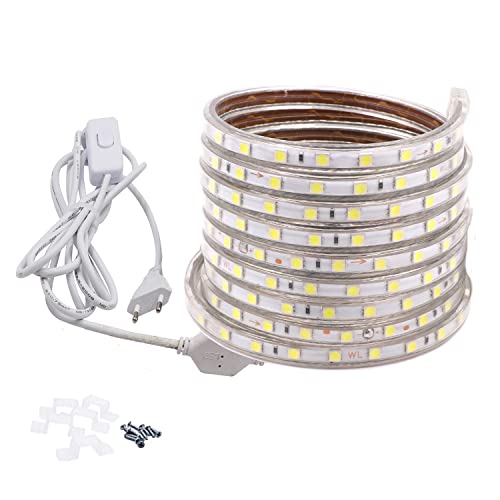 FOLGEMIR 2m Kalt Weiß LED Band mit Schalter, 220V 230V Lichtleiste, 60 Leds/m Strip, IP65 Lichtschlauch, milde Hintergrundbeleuchtung von FOLGEMIR