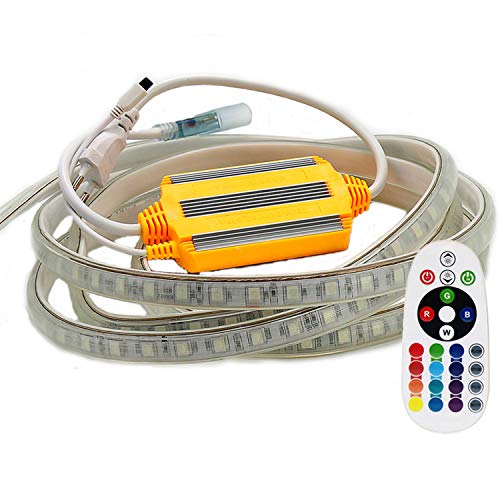 FOLGEMIR 3m RGB LED Strip, 220V dimmbar Streifen, 5050 Farbwechsel Lichtleiste, 60 LEDs/m Led Band, wasserdichte Lichtschlauch mit Trafo & 24-Tasten IR Fernbedienung von FOLGEMIR
