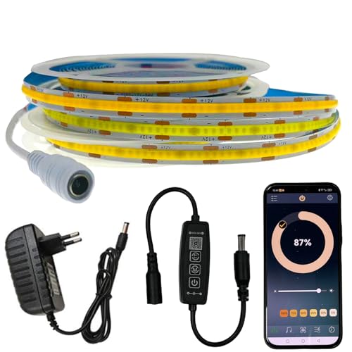 FOLGEMIR 4 Meter COB LED Streifen Neutralweiß 4000K, Dimmbar Led Strip, Bluetooth APP kontrolliert, selbstklebend, Flexibel Lichtleiste mit 12V DC Netzteil & 3 Tasten Kontroller von FOLGEMIR