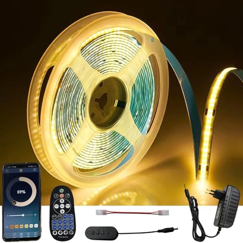 FOLGEMIR Bluetooth 5m COB LED Streifen Warmweiß 3000K, Dimmbar 8mm LED Strip mit 24V Netzteil & RF Fernbedienung, Gleichmäßige Beleuchtung, APP, Timer, Musik, selbstklebend, flexibel, IP20 von FOLGEMIR