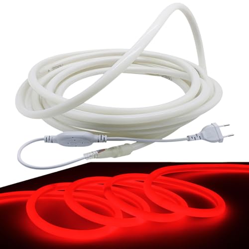 FOLGEMIR 5m Neon Seil Strip Rund, 360° Lumineszenz Rot, LED flexibler Streifen ohne Lichtpunkte, 220V helle 2835 LED Band, IP65 wasserdicht für Garten Party Hochzeit Deko von FOLGEMIR
