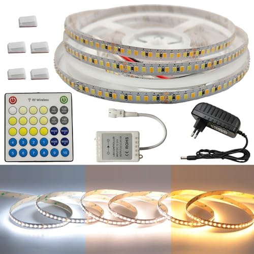 FOLGEMIR 5m dimmbar LED Band, Farbwechsel von Warmweiß 3000K bis Kaltweiß 6500K, Selbstklebend LED Strip mit RF Fernbedienung + 24V Netzteil, 960 LEDs Lichtband von FOLGEMIR