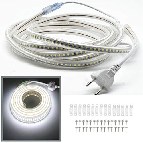 FOLGEMIR 6 Meter Kalt Weiß LED Band, 2835 SMD 144 Leds/m Lichtleiste, 220V 230V LED Strip, sehr helle Beleuchtung - ca. 900 LM pro Meter, IP65 wasserdicht von FOLGEMIR