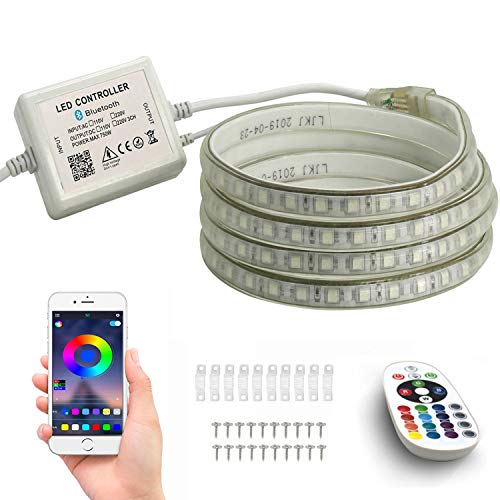 FOLGEMIR 6m RGB LED Streifen, Bluetooth kontrolliert Strip, 220V dimmbar Lichterkette, 5050 SMD 60 LEDs/m Farbwechsel Led Band, wasserdicht Lichtschlauch mit Trafo & 24-Tasten IR Fernbedienung von FOLGEMIR