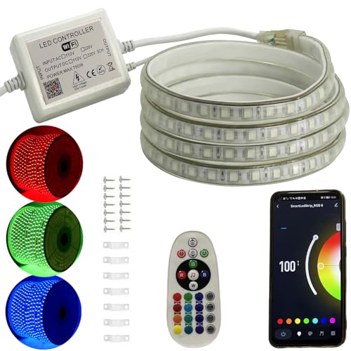 FOLGEMIR 8m RGB LED Streifen, WIFI kontrolliert LED Strip, Dimmbare Lichterkette mit 220V Trafo & IR Fernbedienung, 5050 SMD 60 LEDs/m, Wasserdicht IP65, Kompatibel mit Tuya APP von FOLGEMIR