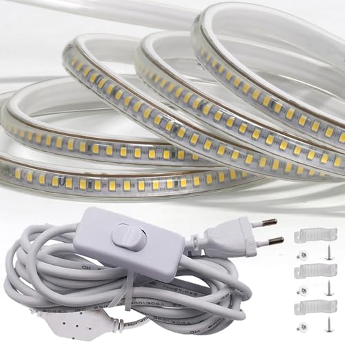 FOLGEMIR 8m Warmweiß LED Band mit Schalter, 2835 SMD 144 Leds/m Lichtleiste, 220V 230V Strip, sehr helle Beleuchtung, IP65 wasserdicht von FOLGEMIR