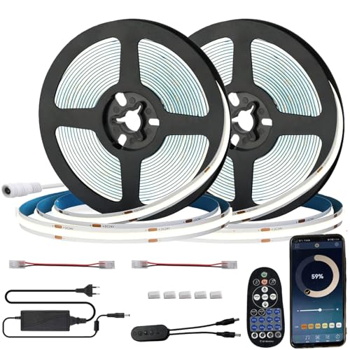 FOLGEMIR Bluetooth 10m (2x 5m) COB LED Streifen Kalt Weiß 6000K, Dimmbar 8mm LED Strip mit 24V Netzteil & RF Fernbedienung, Gleichmäßige Beleuchtung, APP, Timer, Musik, selbstklebend, flexibel, IP20 von FOLGEMIR