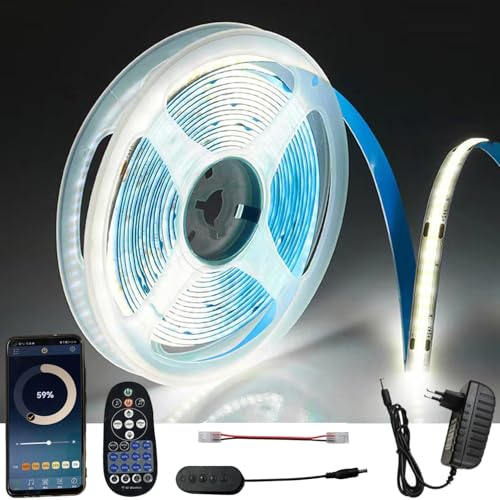 FOLGEMIR Bluetooth 5m COB LED Streifen Kalt Weiß 6000K, Dimmbar 8mm LED Strip mit 24V Netzteil & RF Fernbedienung, Gleichmäßige Beleuchtung, APP, Timer, Musik, selbstklebend, flexibel, IP20 von FOLGEMIR