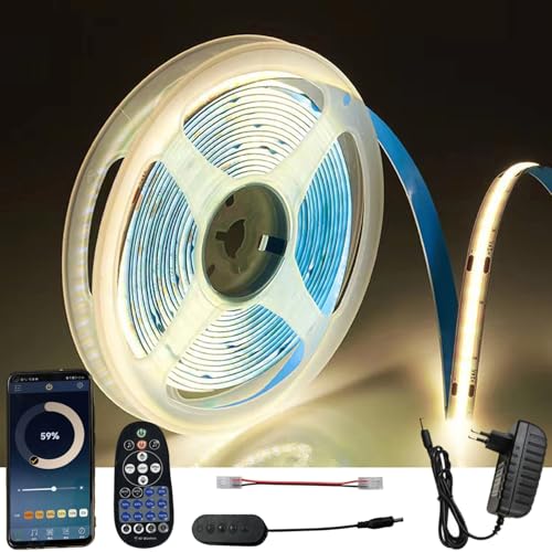 FOLGEMIR Bluetooth 5m COB LED Streifen Neutralweiß 4000K, Dimmbar 8mm LED Strip mit 24V Netzteil & RF Fernbedienung, Gleichmäßige Beleuchtung, APP, Timer, Musik, selbstklebend, flexibel, IP20 von FOLGEMIR